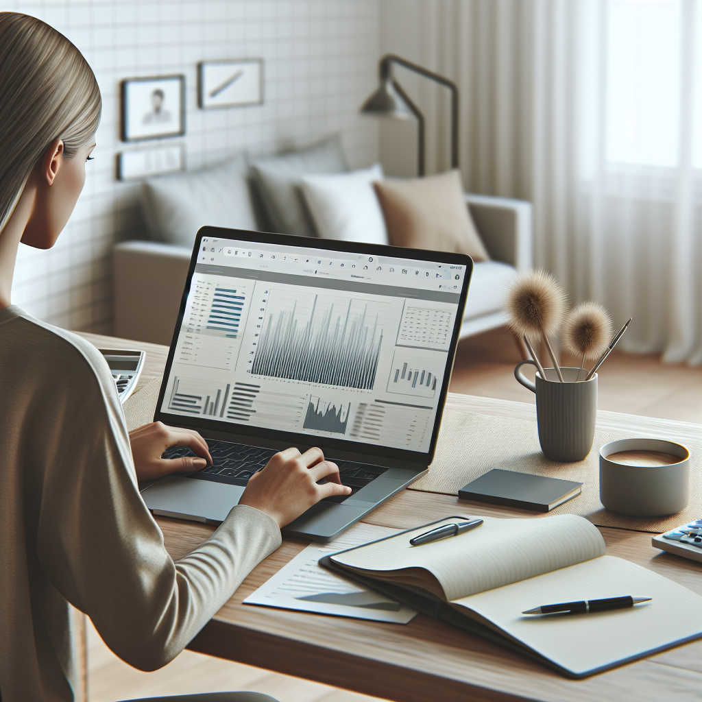Profesjonelt, moderne bilde av en person som analyserer økonomiske grafer på en laptop, notater og kaffekopp på et ryddig hjemmekontor, nøytral fargepalett