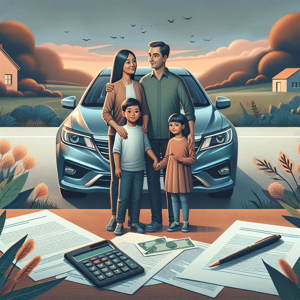 En moderne familie foran en bil ved en vei, med dokumenter og kalkulator på baksetet; varm, tillitvekkende stil, fokus på økonomi og bilfinansiering
