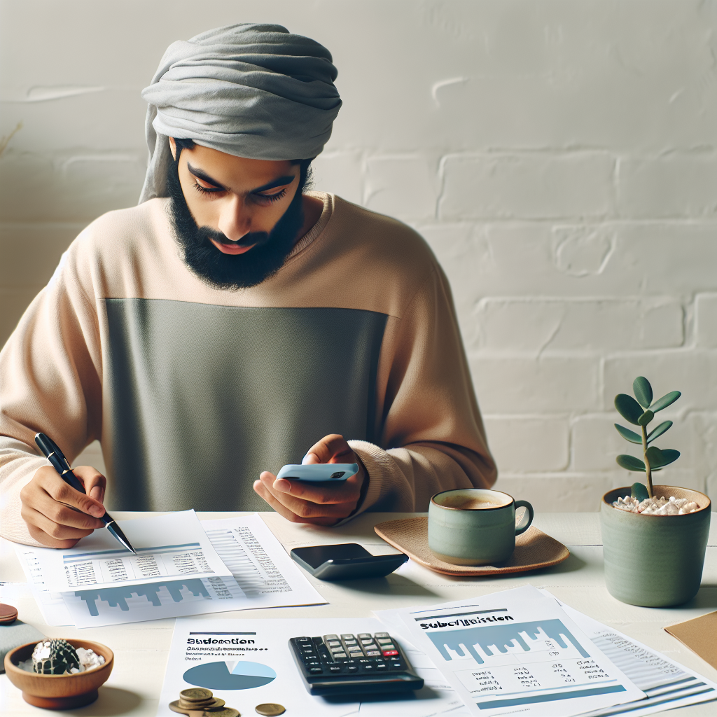 Nordisk hjemmekontor: person som går gjennom budsjettark på bordet med kaffekopp og smarttelefon som viser abonnementsvarsler, myke farger og minimalistisk stil